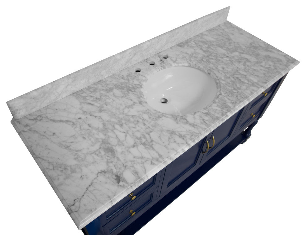 Beverly 60" Bath Vanity, Royal Blue, Carrara Marble, Single Vanity