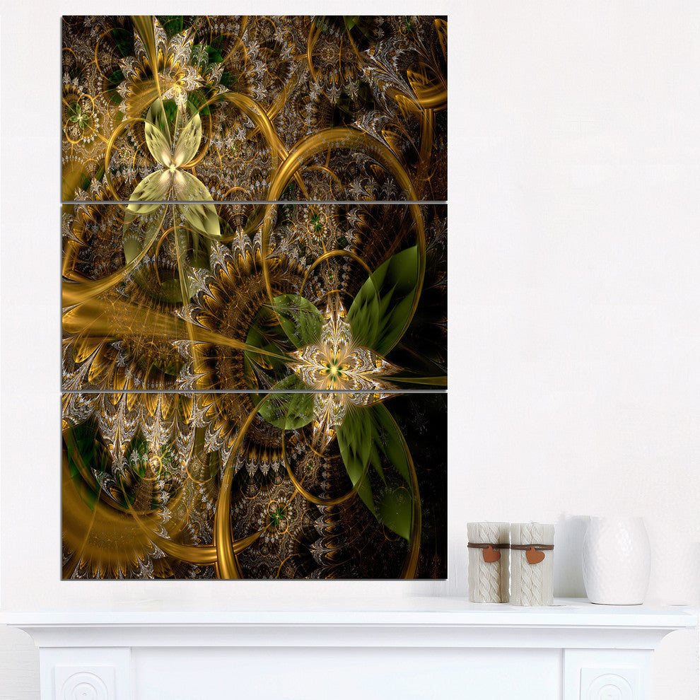 "Green Gold Digital Art Fractal Flower" Metal Wall Art, 3 Panels, 28"x36"