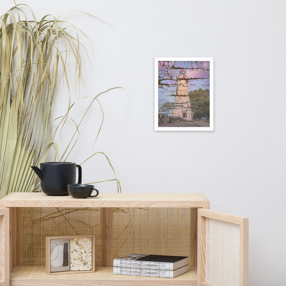 Faux Wood Texture Marblehead Lighthouse at Sunset Framed Photo Wall Art Print, White, 11" X 14"
