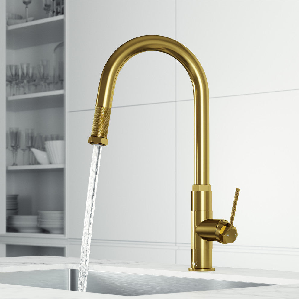 VIGO Hart Arched 18" H Single Handle Pull-Down Kitchen Faucet, Matte Brushed Gold, Without Extras