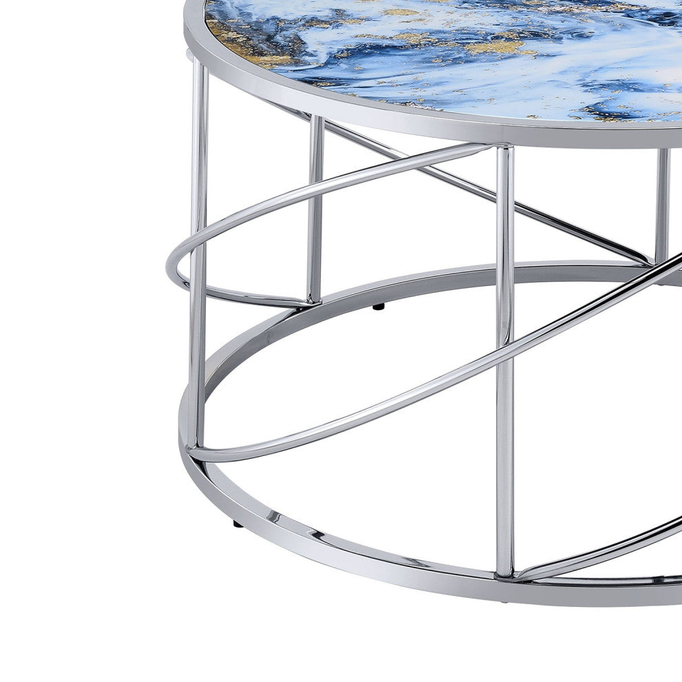 Round Coffee Table with Marble Top in Blue and Chrome