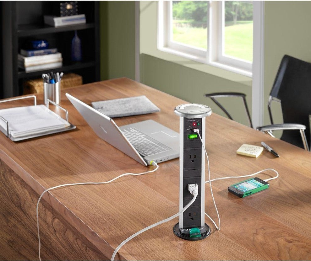 Sensio Pop Up Power Charging Station, 3-Socket 2-USB Outlets, Gun Metal