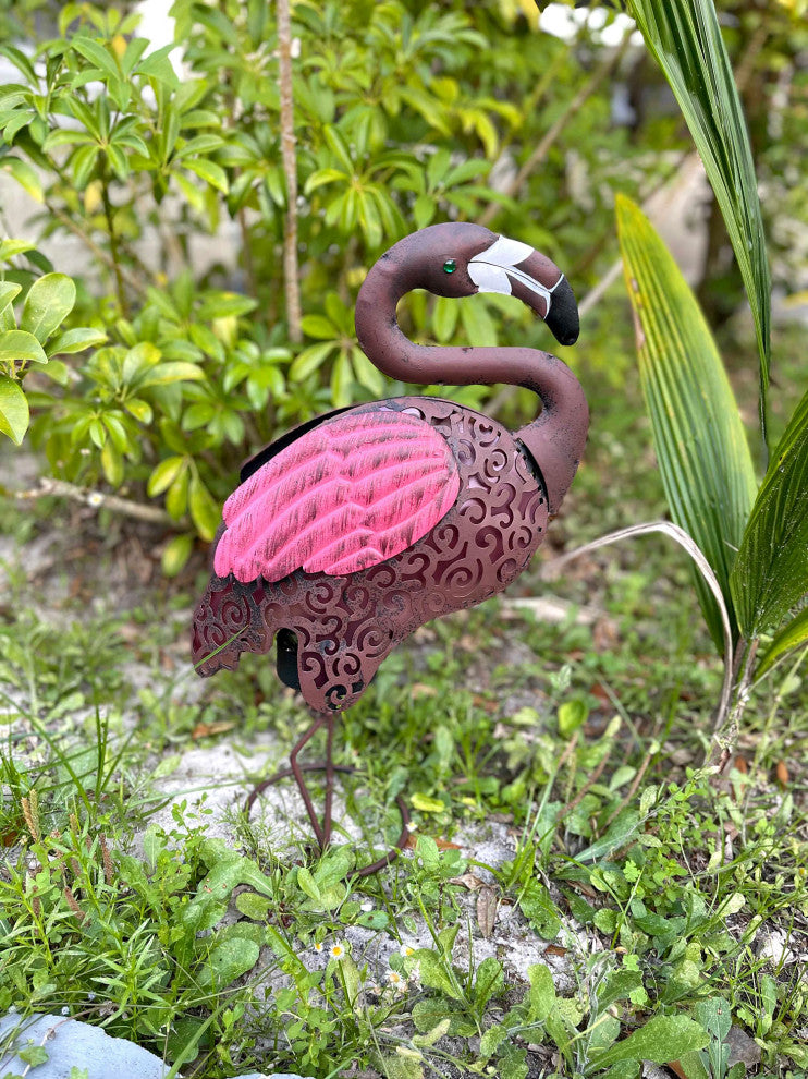 Pink Flamingo Metal Art Filigree LED Lighted Solar Garden Statue