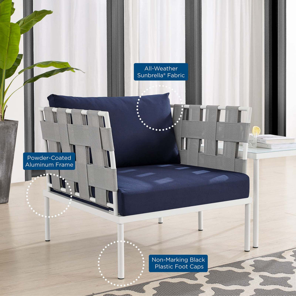 Sectional Sofa Chair Table Set, Sunbrella, Aluminum, Gray Blue Navy, Outdoor