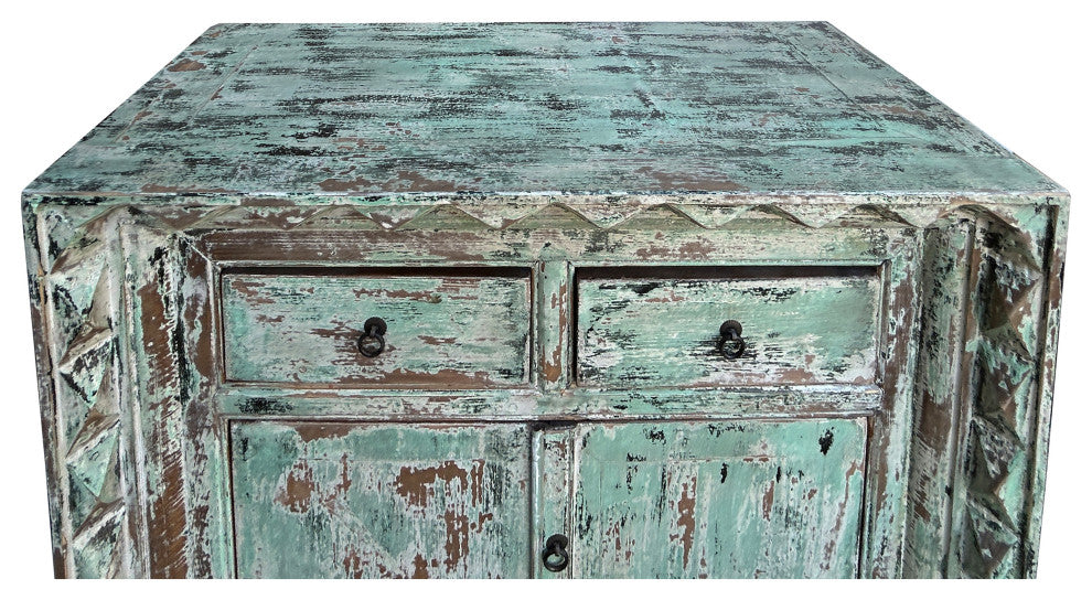 Distressed Turquoise Green Geometric Edge Credenza Storage Cabinet