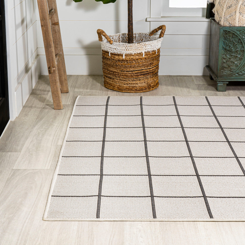 Grid Modern Squares Indoor/Outdoor Area Rug, Cream/Black, 8x10