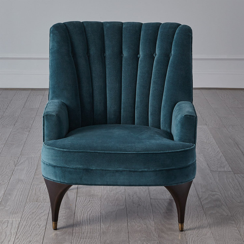 Dragonfly Aqua Blue Velvet Arm Chair Channel Back Tufted Mid Century Wood Brass