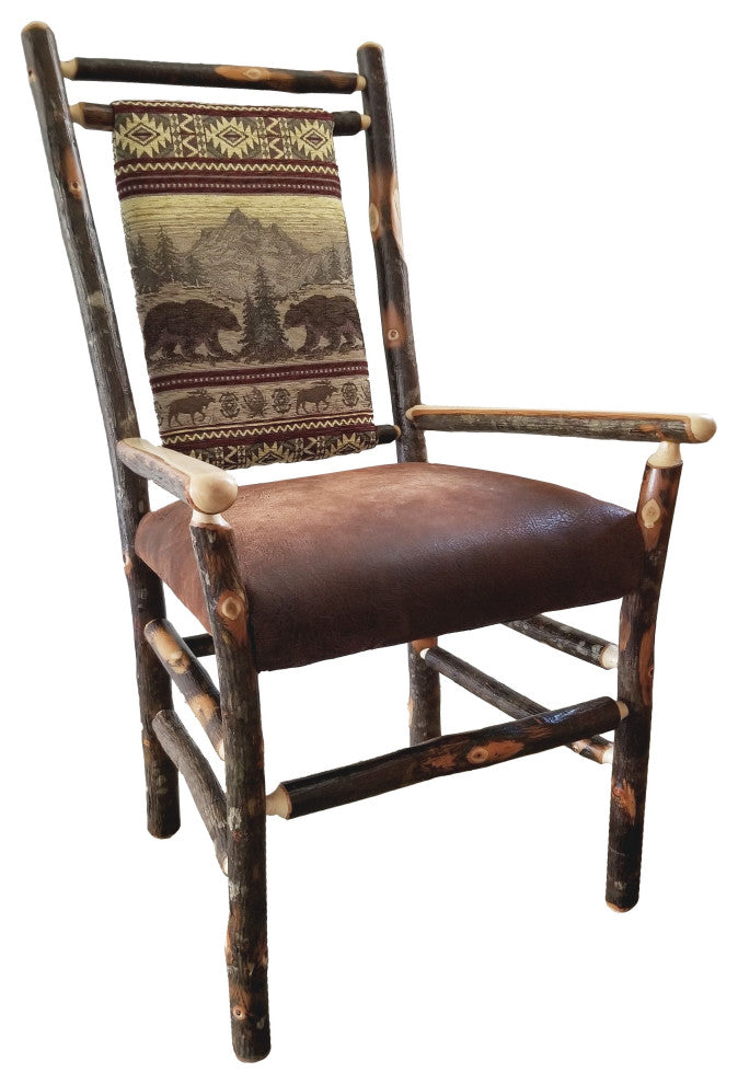 Hickory Log Dining Chair with Faux Brown Leather Seat, Set of 2, Medium Back, Bear Mountain, With Arms