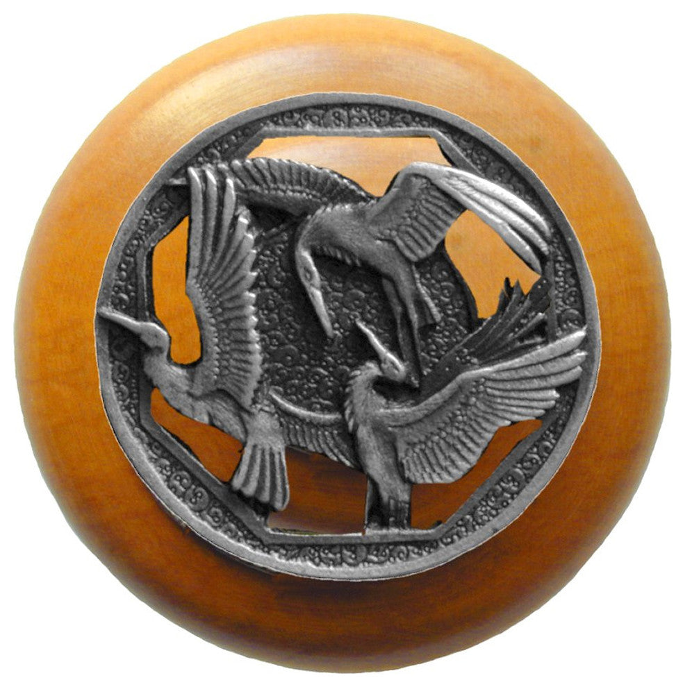 Crane Dance Wood Knob, Antique Brass, Maple Wood Finish, Antique Pewter