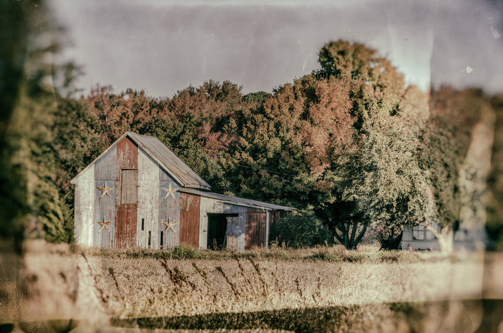 Patriotic Weathered Barn in Field Glass Plate Framed Photo Paper Wall Art Prints, Red Oak, 18" X 24"