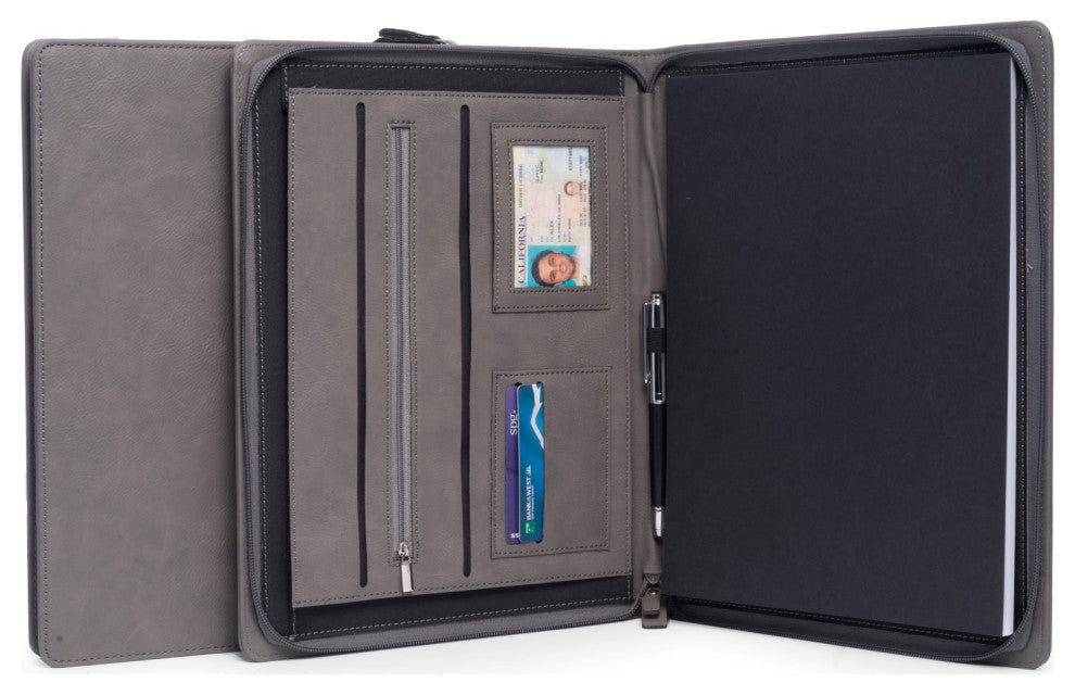 Multi Compartment Business Padfolio/Portfolio, Zipper Closure, Gray