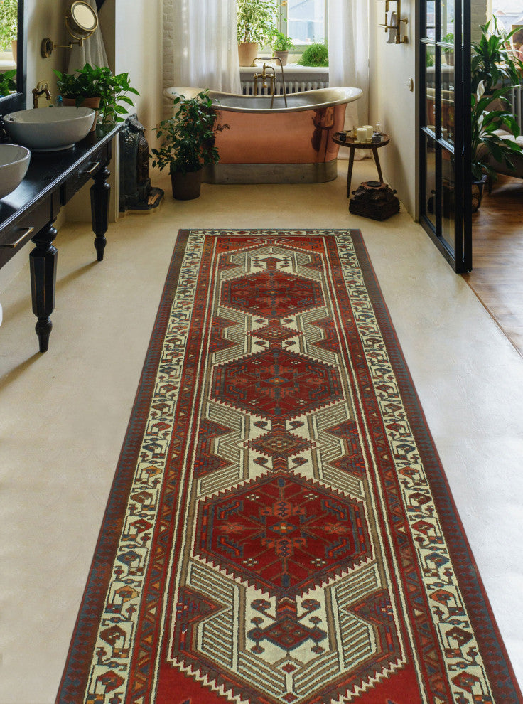 Fine Vintage Distressed Hamide Red/Ivory Runner, 3'3x10'10
