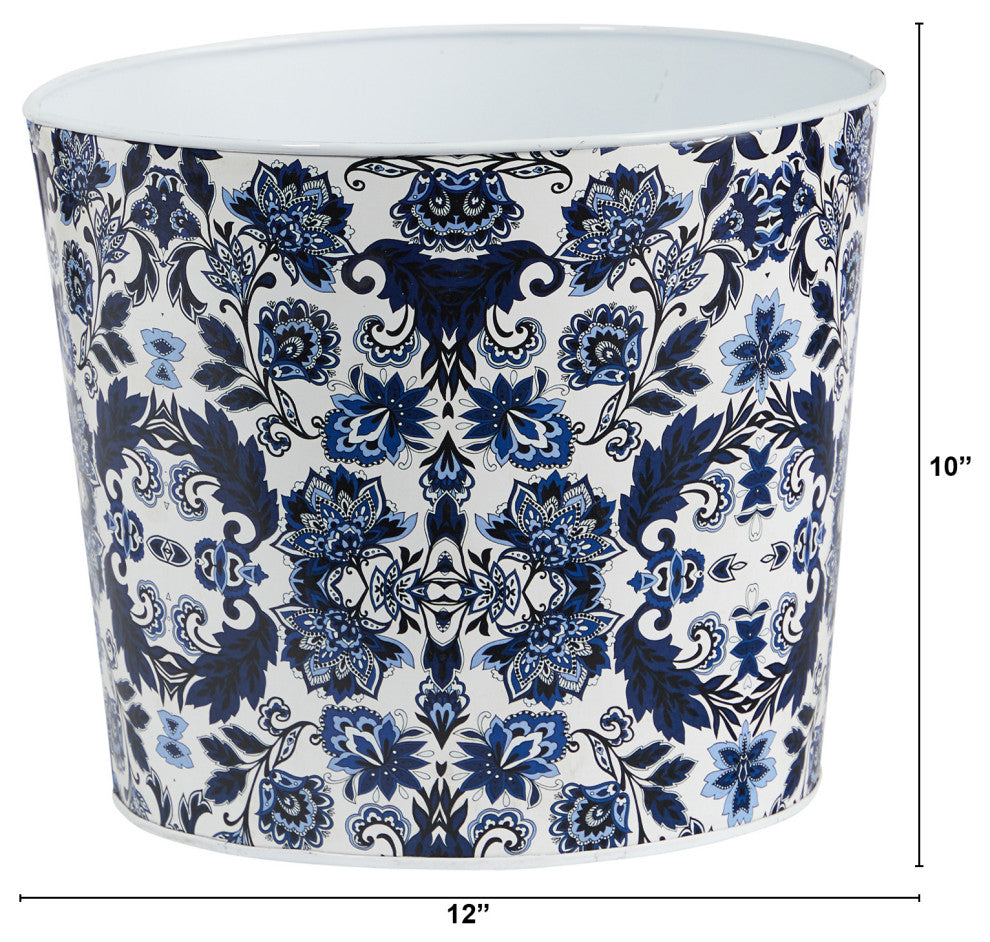 12" Oriental Blue and White Classic Round Metal Planter