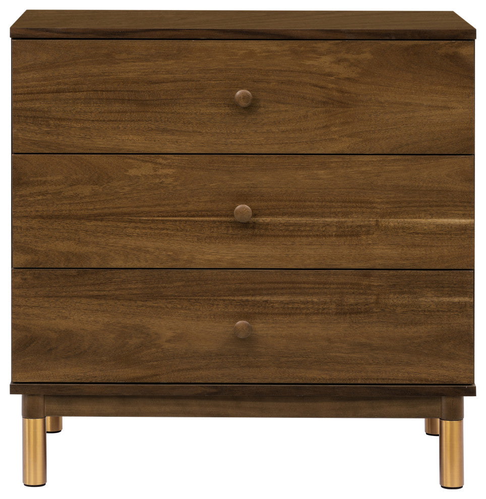 Gelato 3-Drawer Changer Dresser With Removable Changing Tray, Natural Walnut & Gold Feet