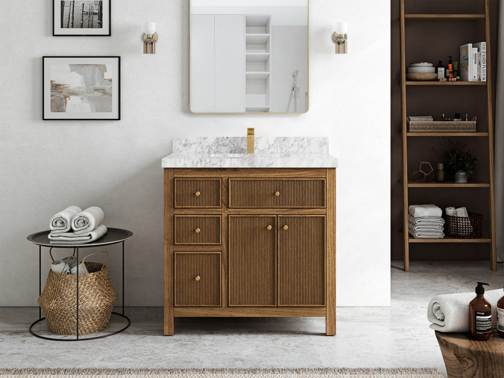 Sonoma Teak 36 Center Sink Bath Vanity in Dark Natural with 2" Carrara Marble