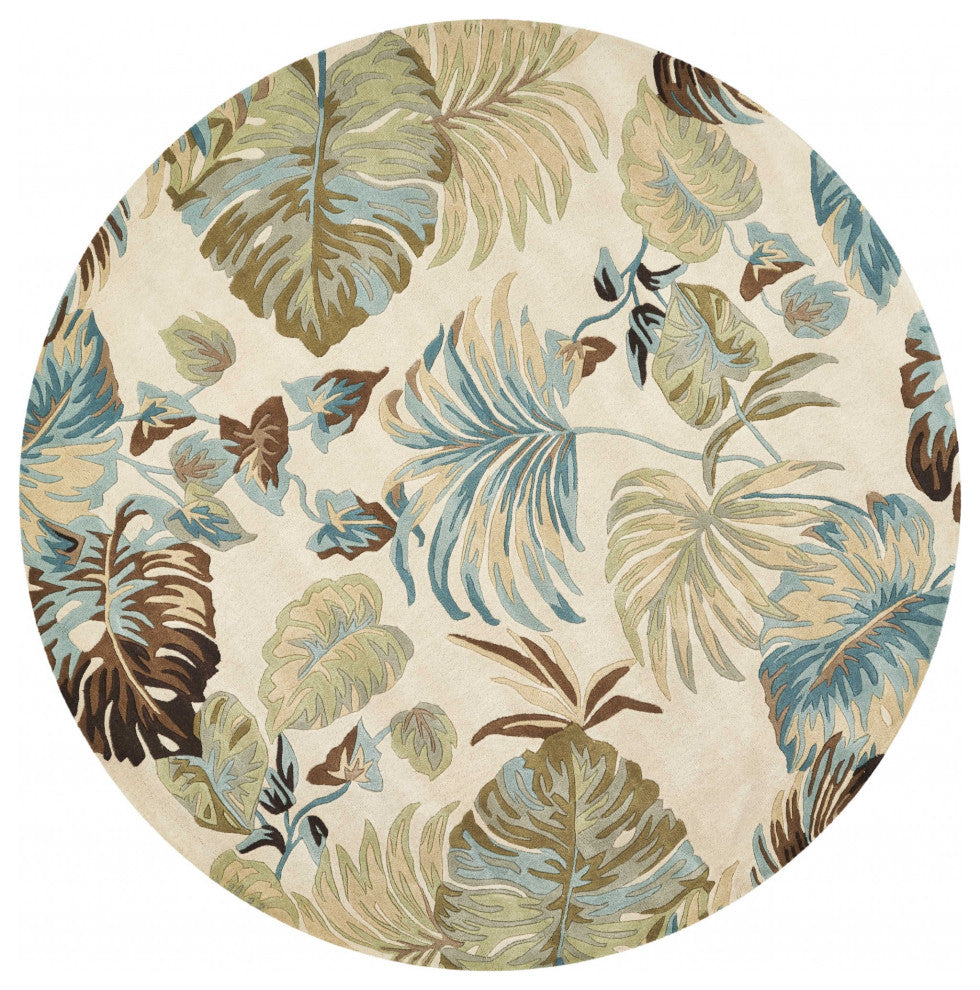 HomeRoots 7' Round Wool Ivory or Blue Area Rug