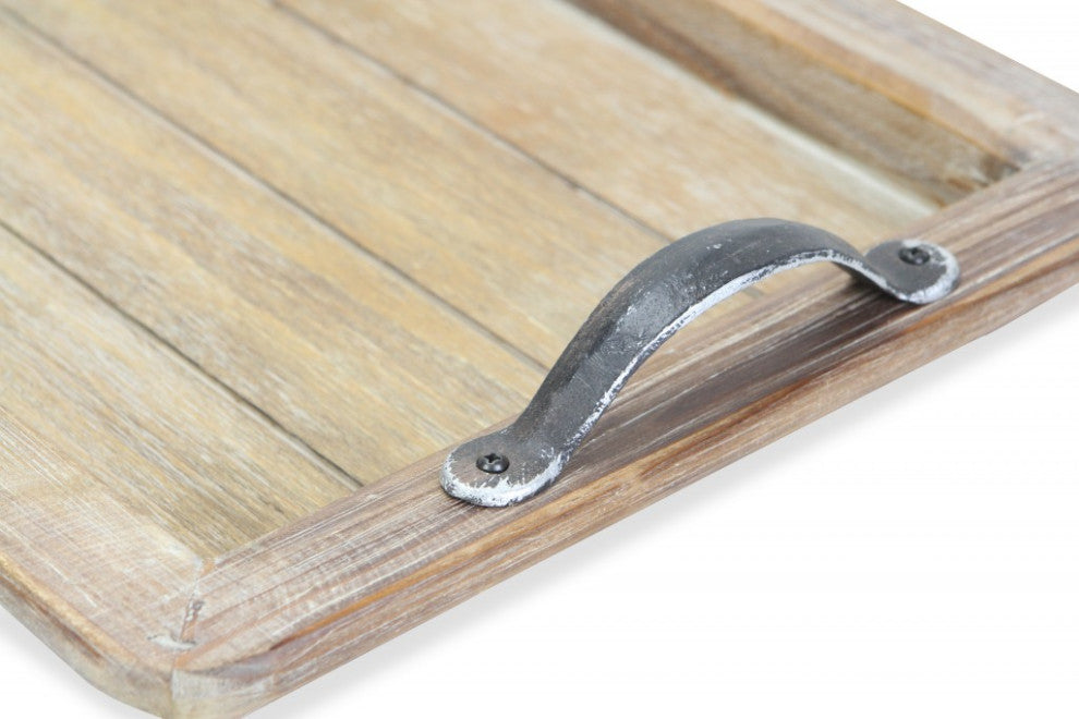 Wooden Paneled Tray With Metal Handles