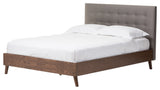 Alinia Mid-Century Gray Fabric Upholstered Walnut Wood Queen Size Platform Bed