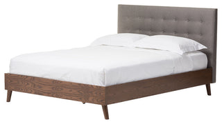 Alinia Mid-Century Gray Fabric Upholstered Walnut Wood Queen Size Platform Bed