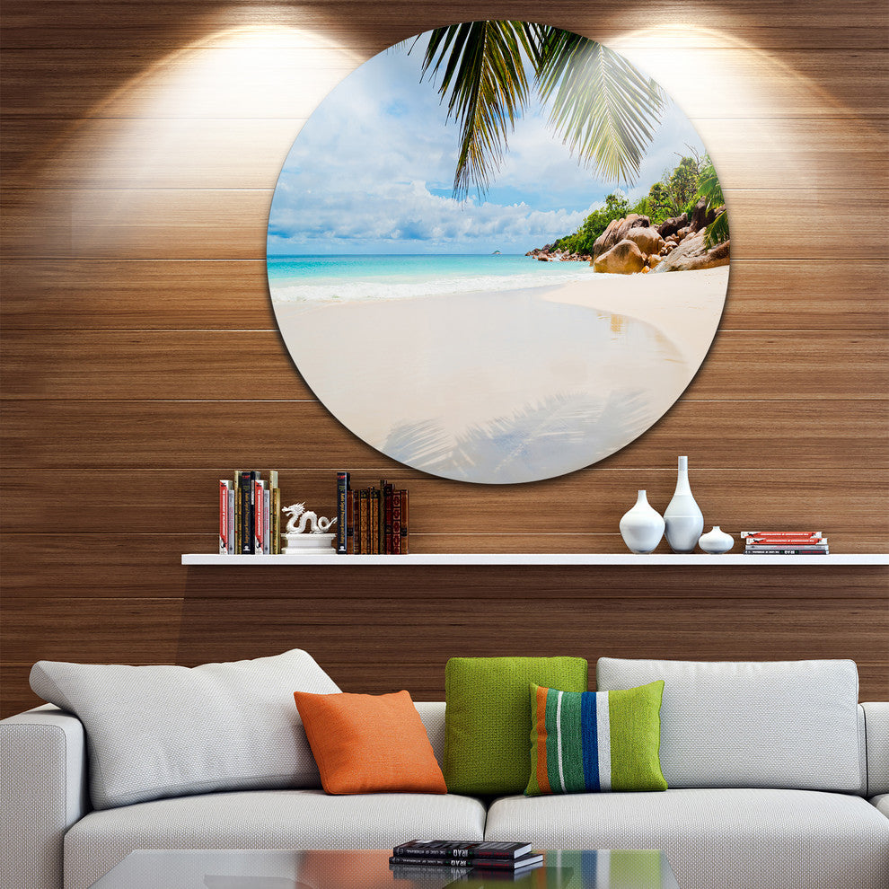 Summer Beach With Palm Leaves, Modern Seascape Disc Metal Wall Art, 23"