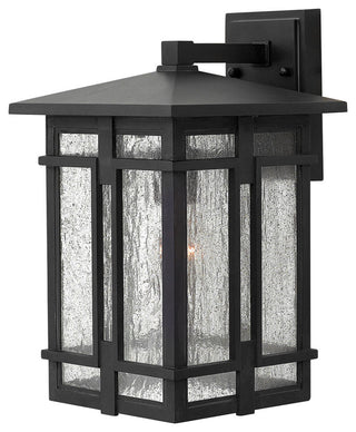Tucker Medium Outdoor Wall Sconce, Museum Black With Clear Seedy Glass