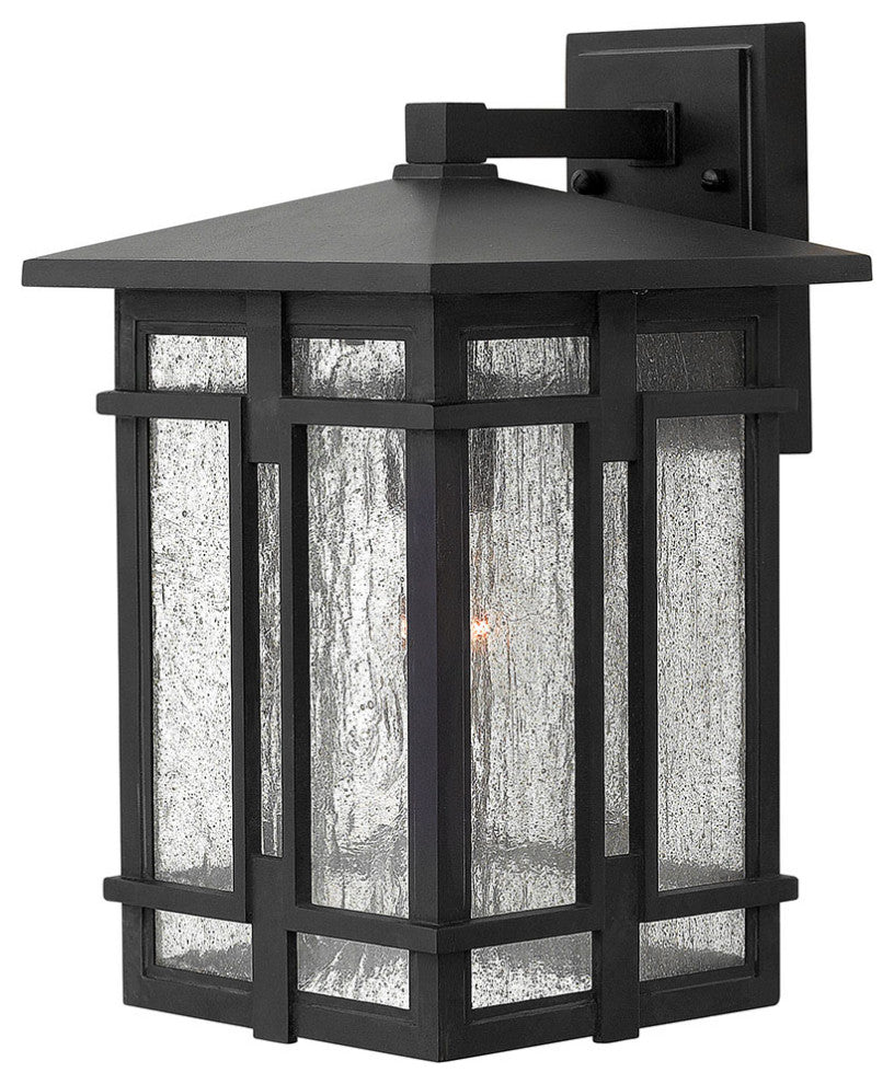 Tucker Medium Outdoor Wall Sconce, Museum Black With Clear Seedy Glass