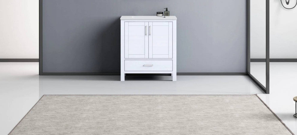 Jacques 30" White Single Square Sink Vanity with Quartz Top, No Mirror