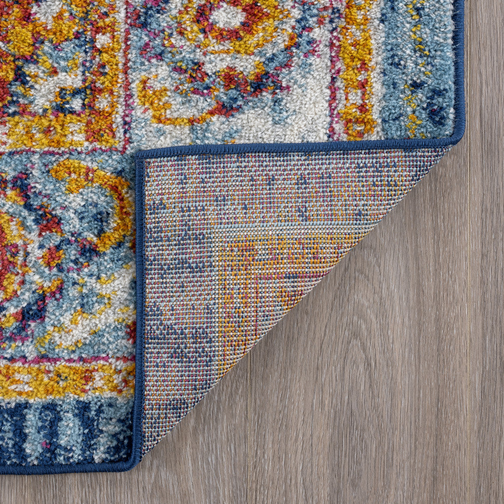 Mila Traditional Medallion Blue & Gold Round Area Rug, 5' Round