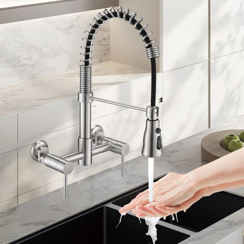 Double Handle Wall Mounted Spring Neck Bridge Kitchen Faucet, Brushed Nickel