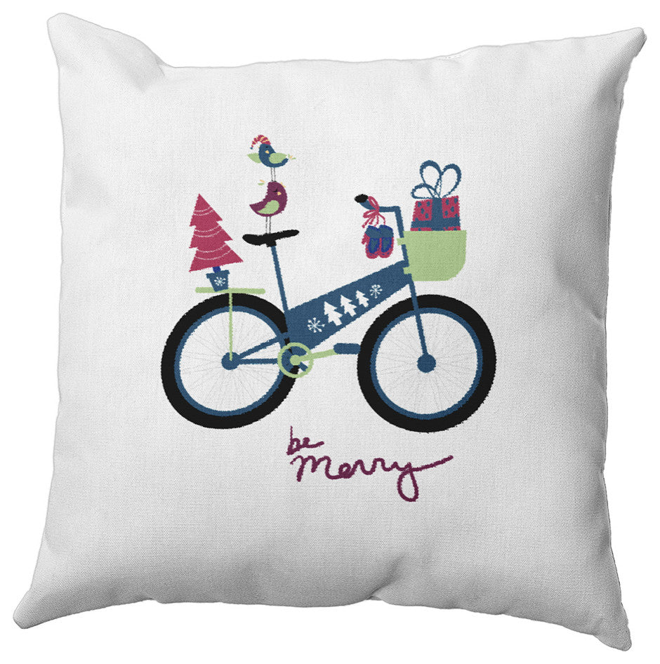 Multi Colored Merry Bird Bike Christmas Polyester Throw Pillow, 20"x20"