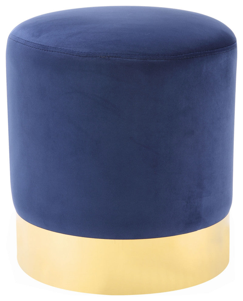 Madelyn Velvet Round Ottoman With Metal Base, Navy/Gold