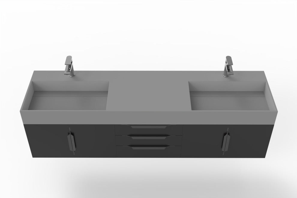 CastelloUSA Amazon 72" Wall Mounted Vanity Set, Black, Gray Top, Black Handles