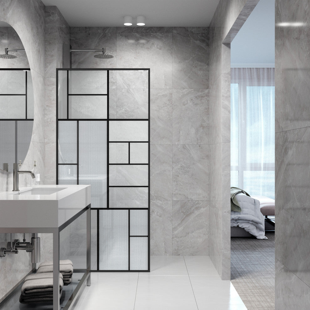 VIGO Meridian 34" W x 74" H Framed Shower Screen, Matte Black With Mixed Glass