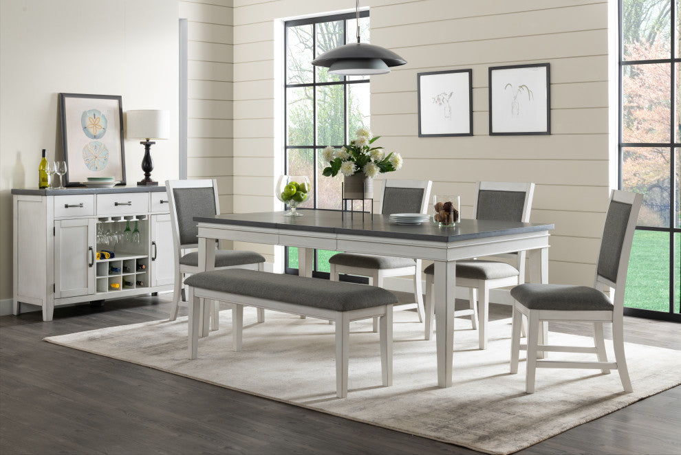 Del Mar Dining Room Bench, Antique White and Gray Linen