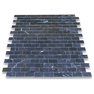 Nero Marquina Black Marble 2x4 Brick Subway Mosaic Tile Polished, 1 sheet