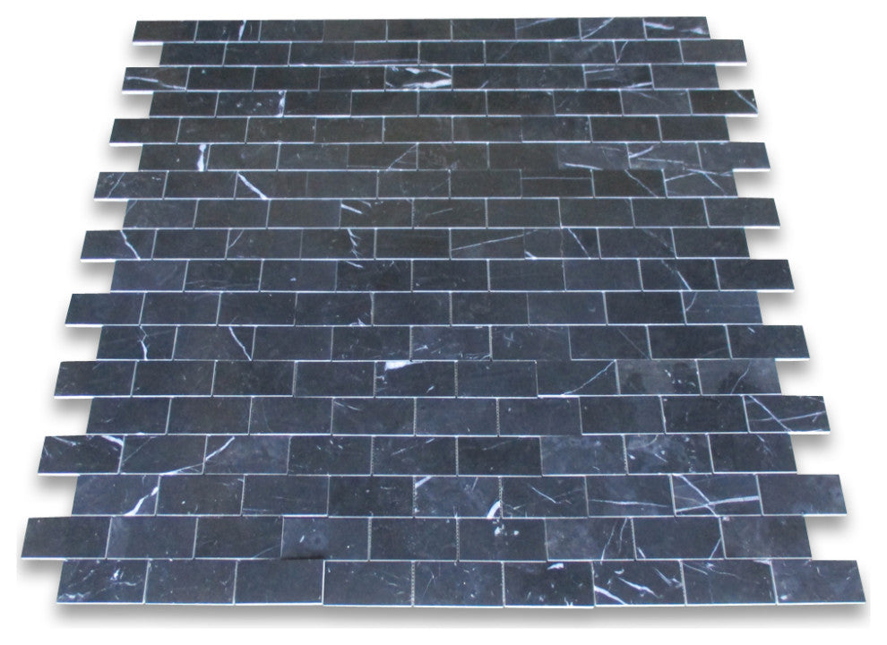 Nero Marquina Black Marble 2x4 Brick Subway Mosaic Tile Polished, 1 sheet