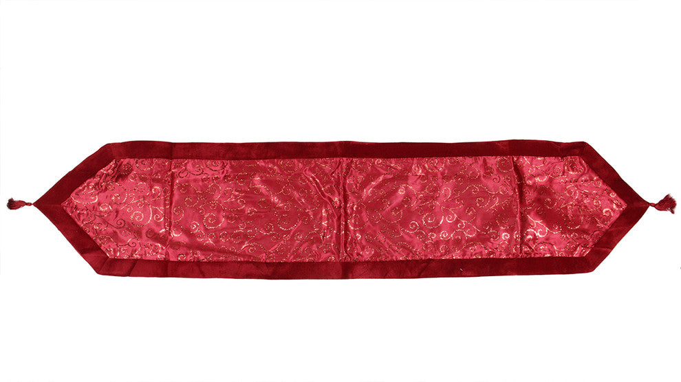 Satin Runner With Gold Glitter Print and Red Velvet Border, Red, 16"x72"