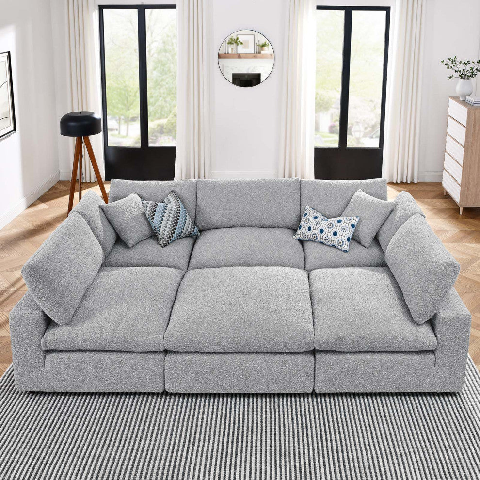 Commix Down Filled Overstuffed Boucle Fabric 6-Piece Sectional Sofa, Light Gray