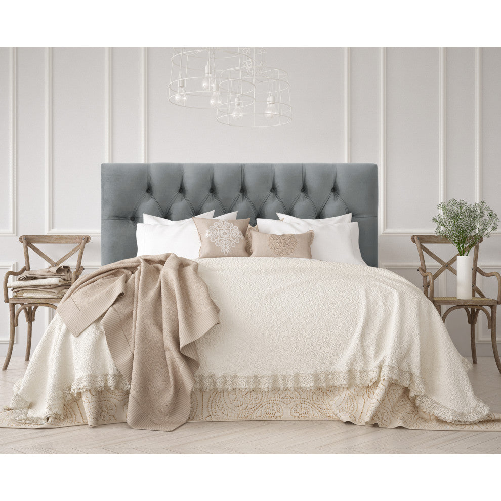 Chloe Twin Diamond Tufted Tufted Headboard, Velvet Steel Gray