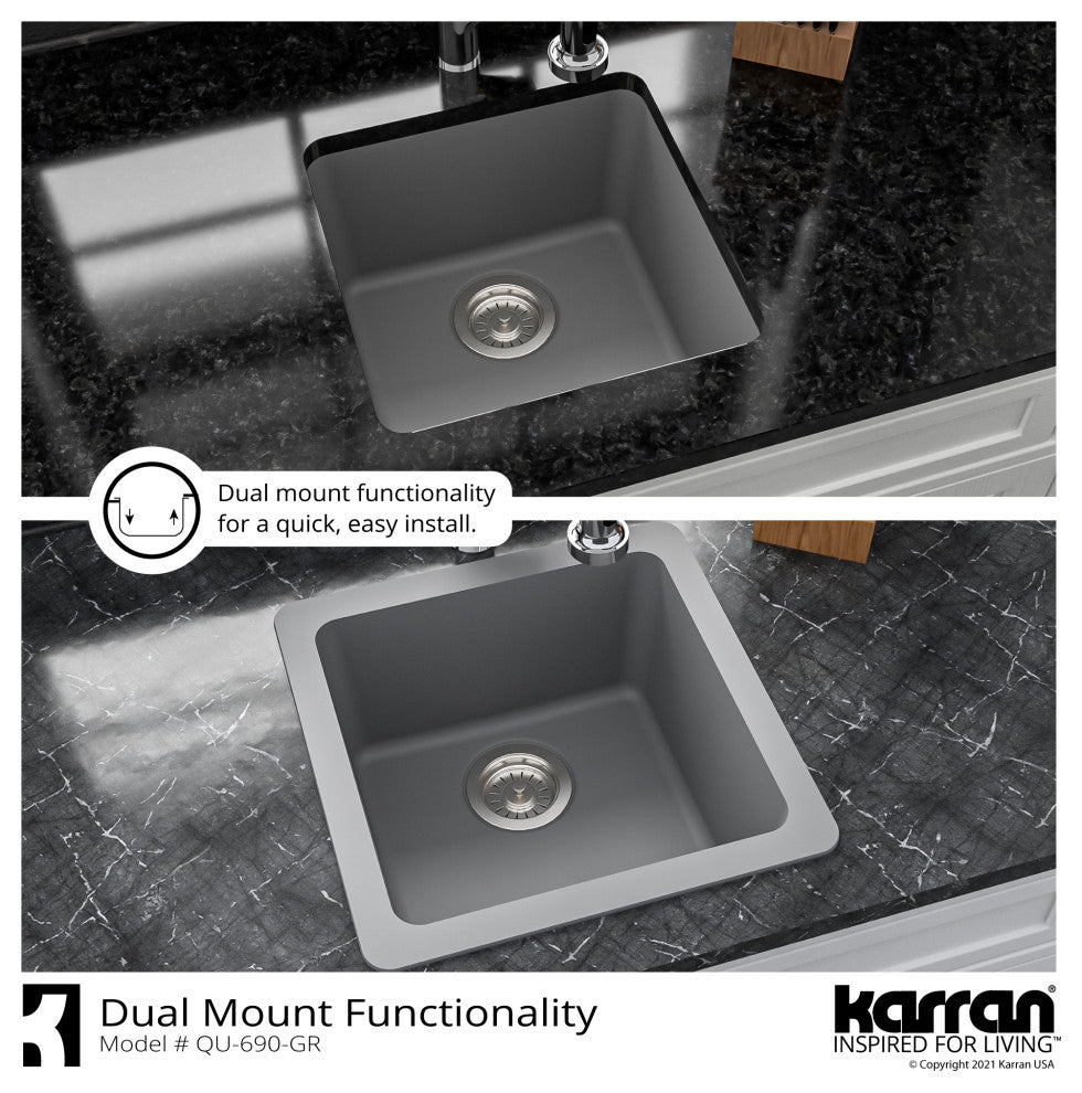 Karran Undermount Quartz Composite 17" Bar Single Bowl Sink, Grey