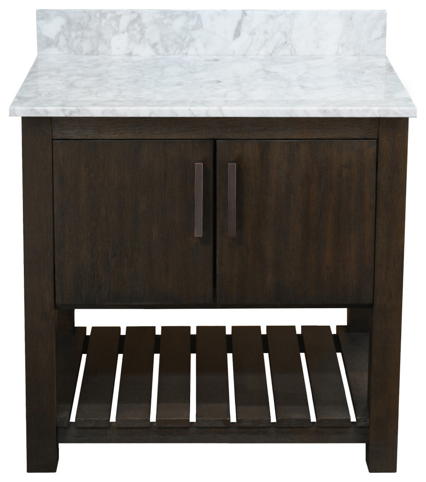 30" Vanity with Carrara White Marble Counter and BackSplash, Oil Rubbed Bronze, Without Mirror