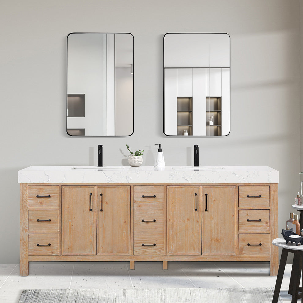 Leon Bath Vanity With Composite Stone Top, Fir Wood Brown, 84", No Mirror