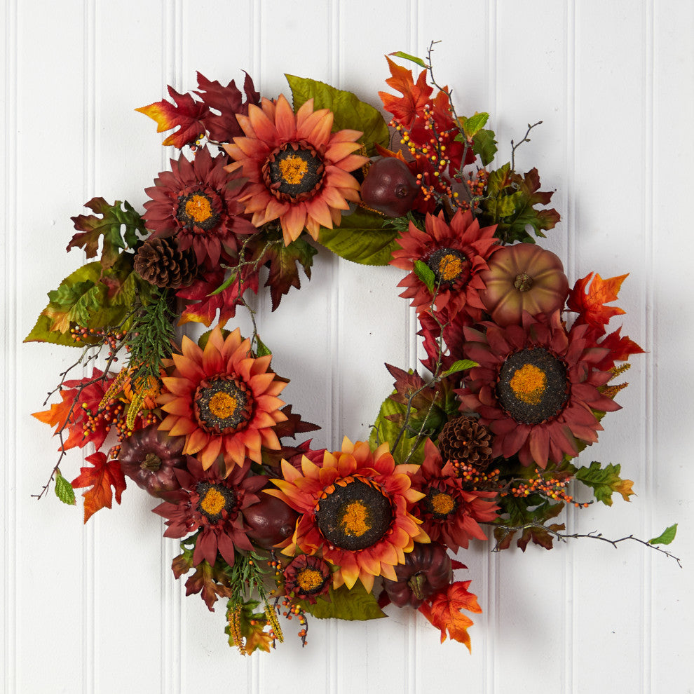 24" Autumn Sunflower, Pumpkin, Pinecone and Berries Fall Artificial Wreath