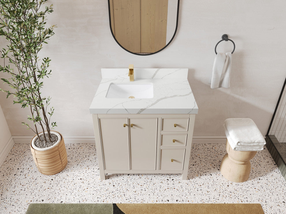 Chicago 36" Left Offset Bathroom Vanity, Fine Grain 2" Calacatta Laza
