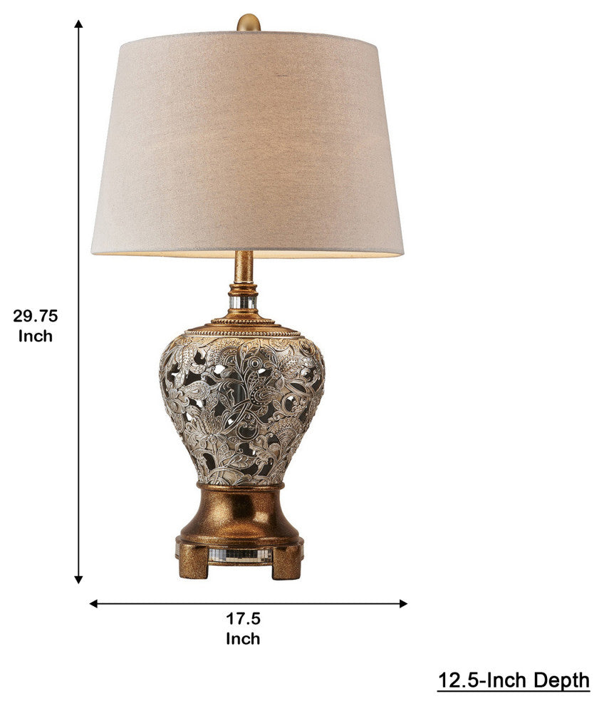 Benzara BM240417 Table Lamp With Floral pattern Metal Body, Silver and Gold