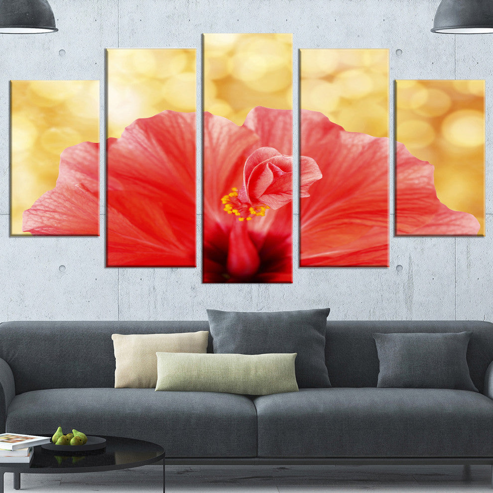 Hibiscus Flower with Lit up Background, Floral Canvas Artwork, 60"x32", 5 Panels