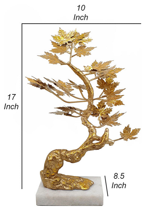 Benzara BM285580 17" Maple Tree Accent Decor With Leaves, Marble Base, Gold