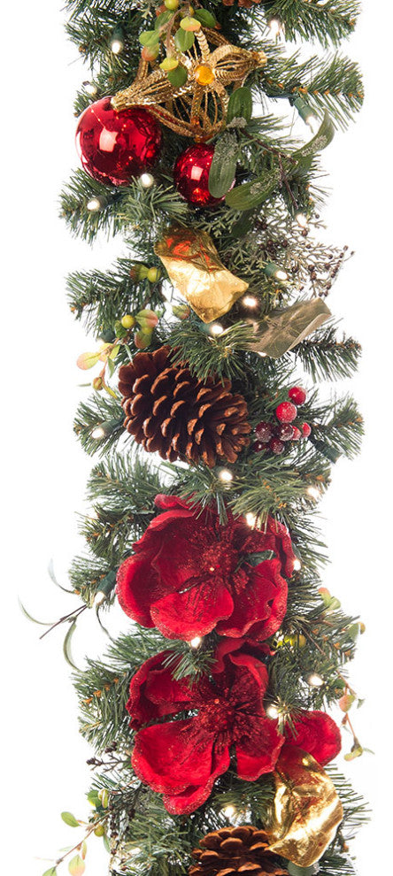 9' Artificial Christmas Garland With Lights Red Magnolia