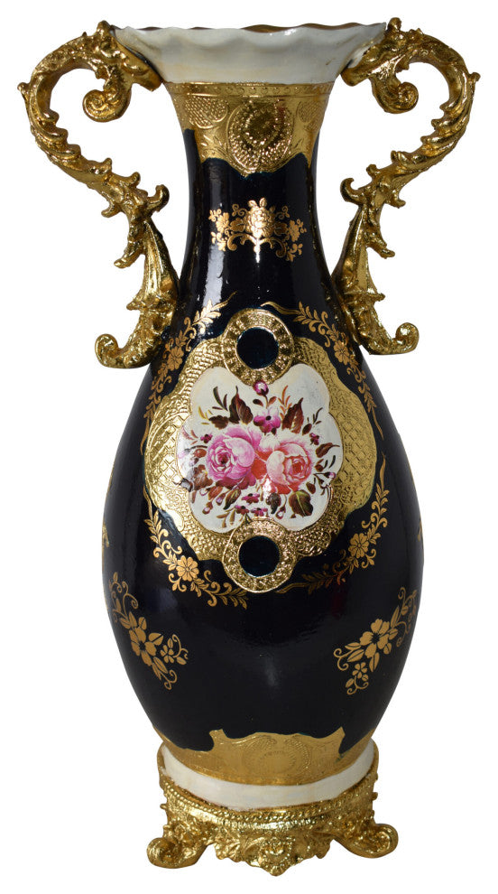Black and Gold Rounded Resin Vase Size: 11" x 9" x 20"H