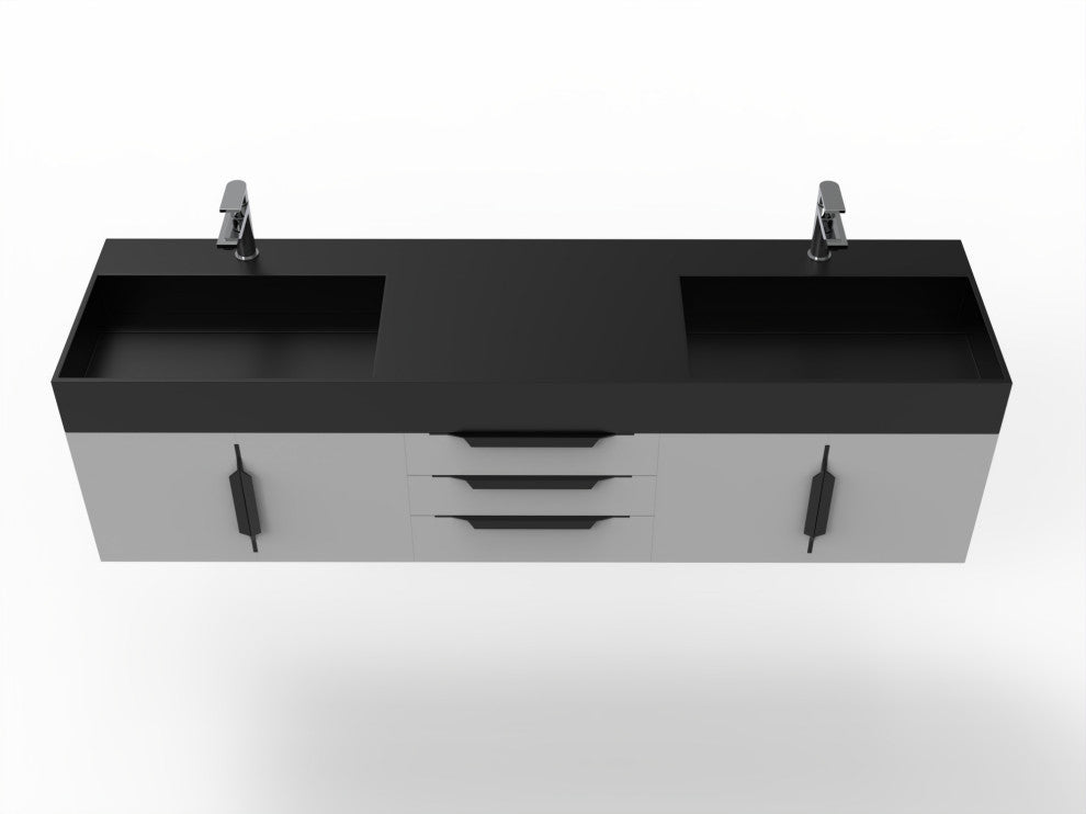 CastelloUSA Amazon 72" Wall Mounted Vanity Set, Gray, Black Top, Black Handles